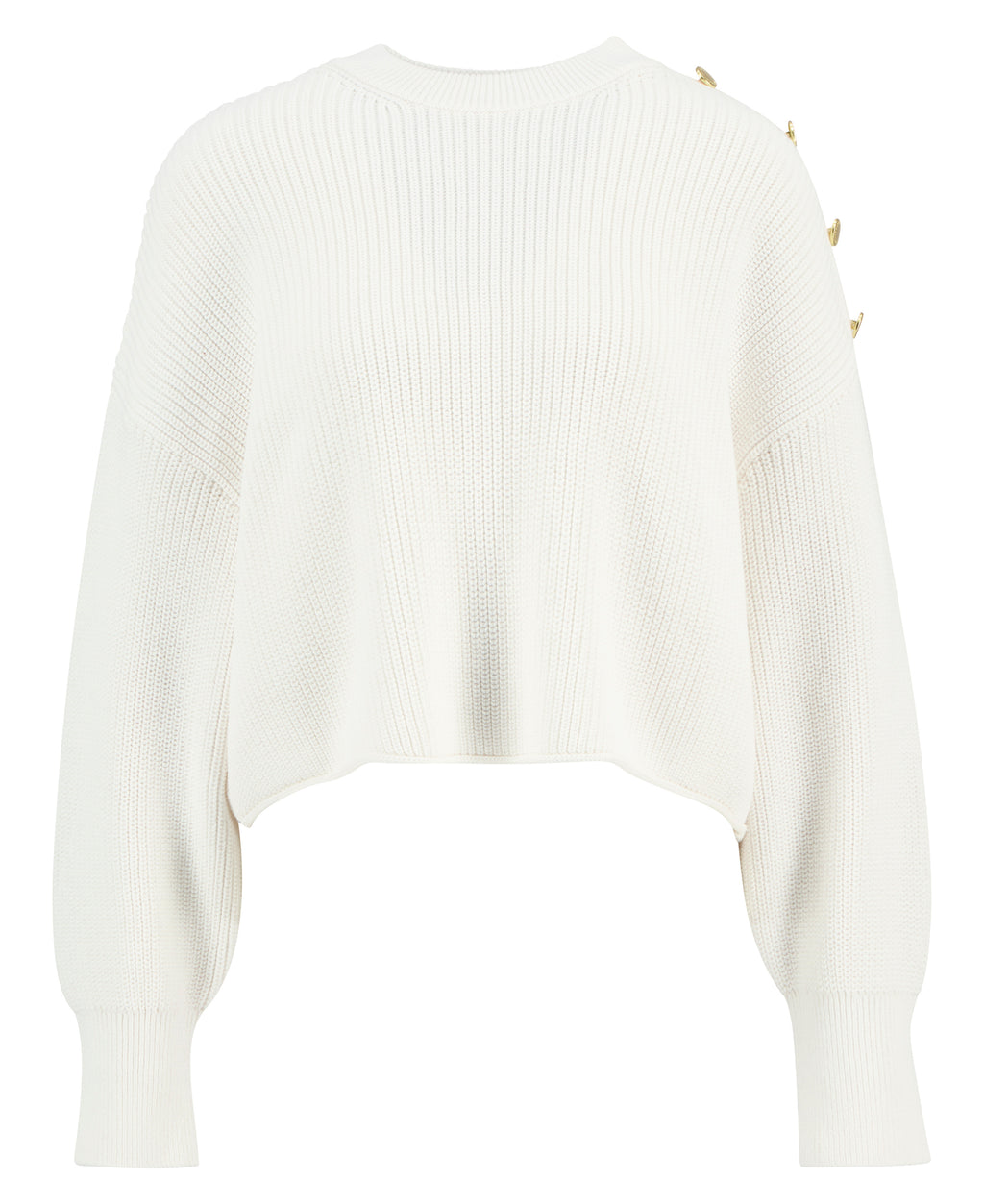 White ribbed sweater with gold buttons on a white background