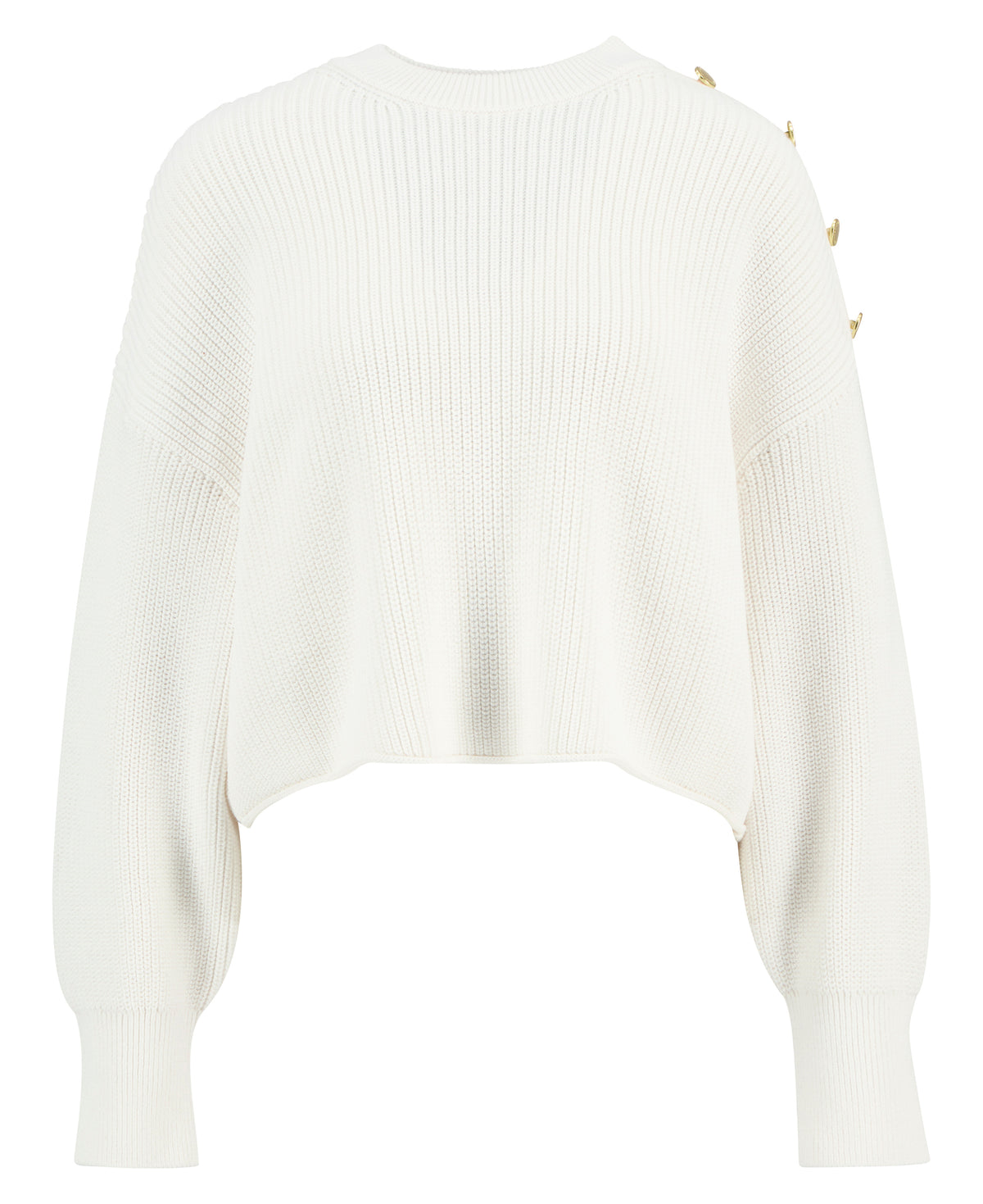White ribbed sweater with gold buttons on a white background