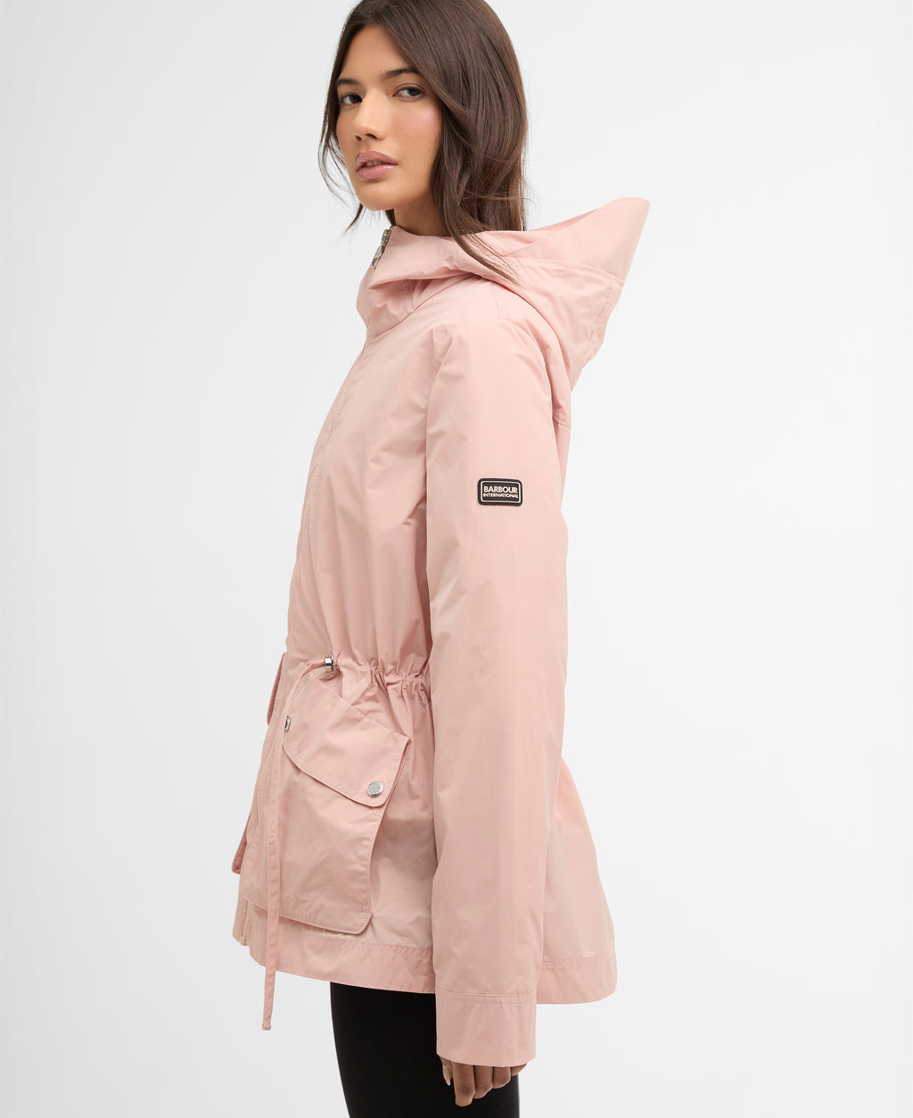 Pink hooded jacket with a brand logo on a white background