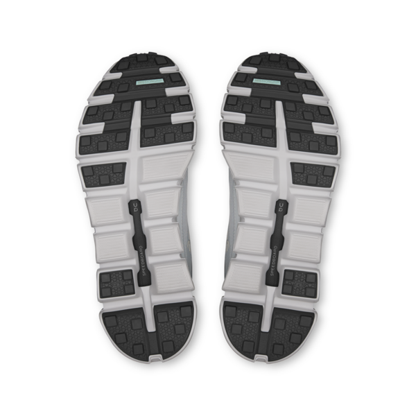 Top view of a pair of black and white shoes on a white background