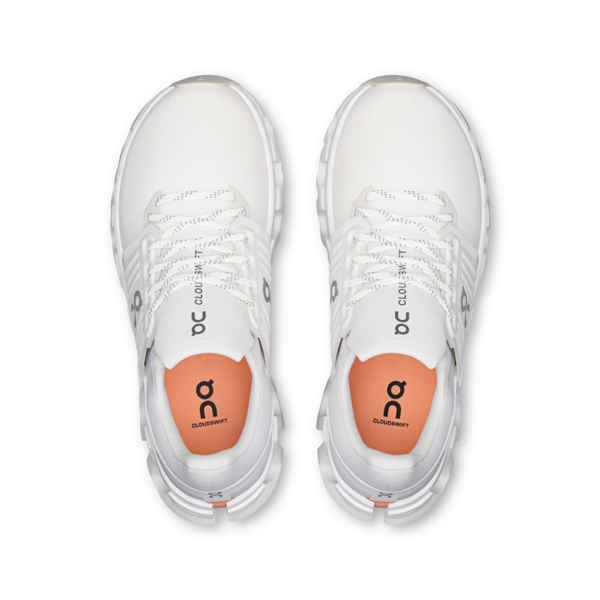 a pair of white on running trainers on a white background