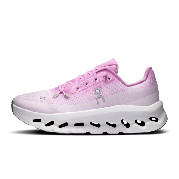 Pink running shoe with white sole on a white background
