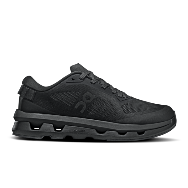 Black athletic shoe on running a white background