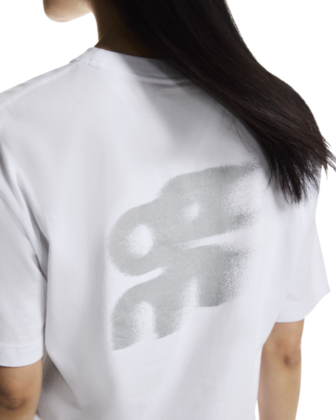White t-shirt with a logo on the back worn by a person