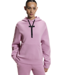 Person wearing a pink hoodie with a black drawstring on a white background
