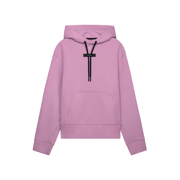 Pink hoodie  by on running with black drawstrings on a white background