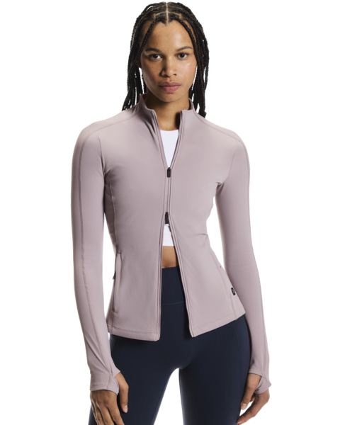 Woman wearing a light purple jacket on a white background