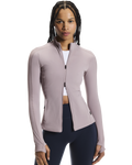 Woman wearing a light purple jacket on a white background