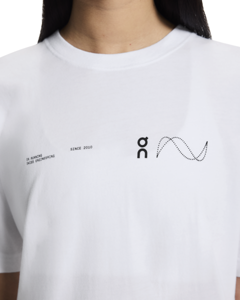 White t-shirt with black text and graphics on a white background