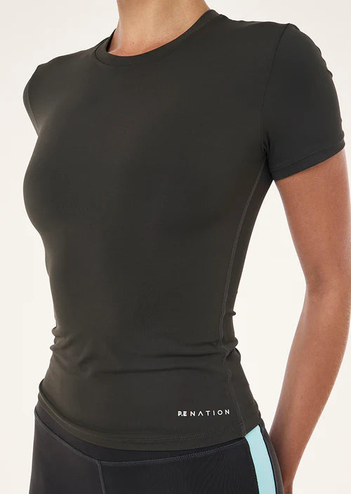 Black athletic shirt with 'RE:NATION' branding on a white background