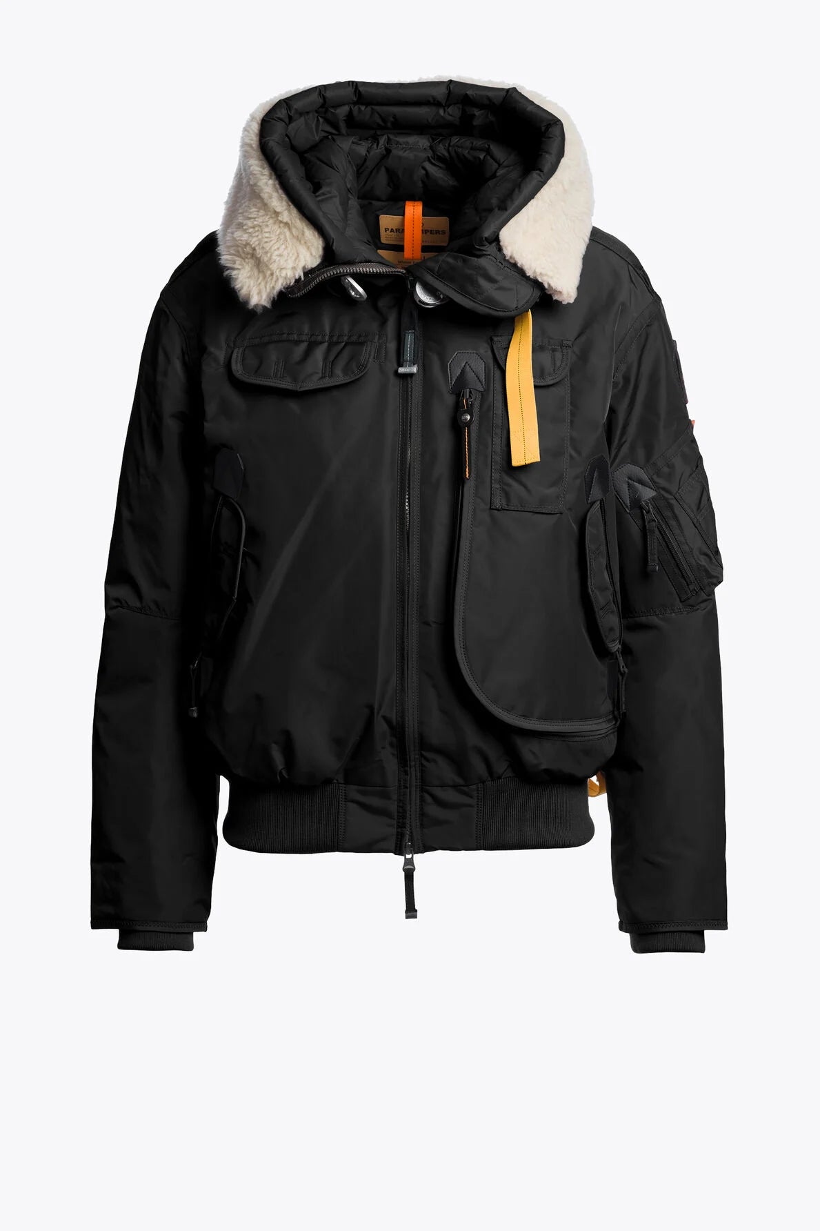 Black bomber jacket with faux fur-lined hood on a white background