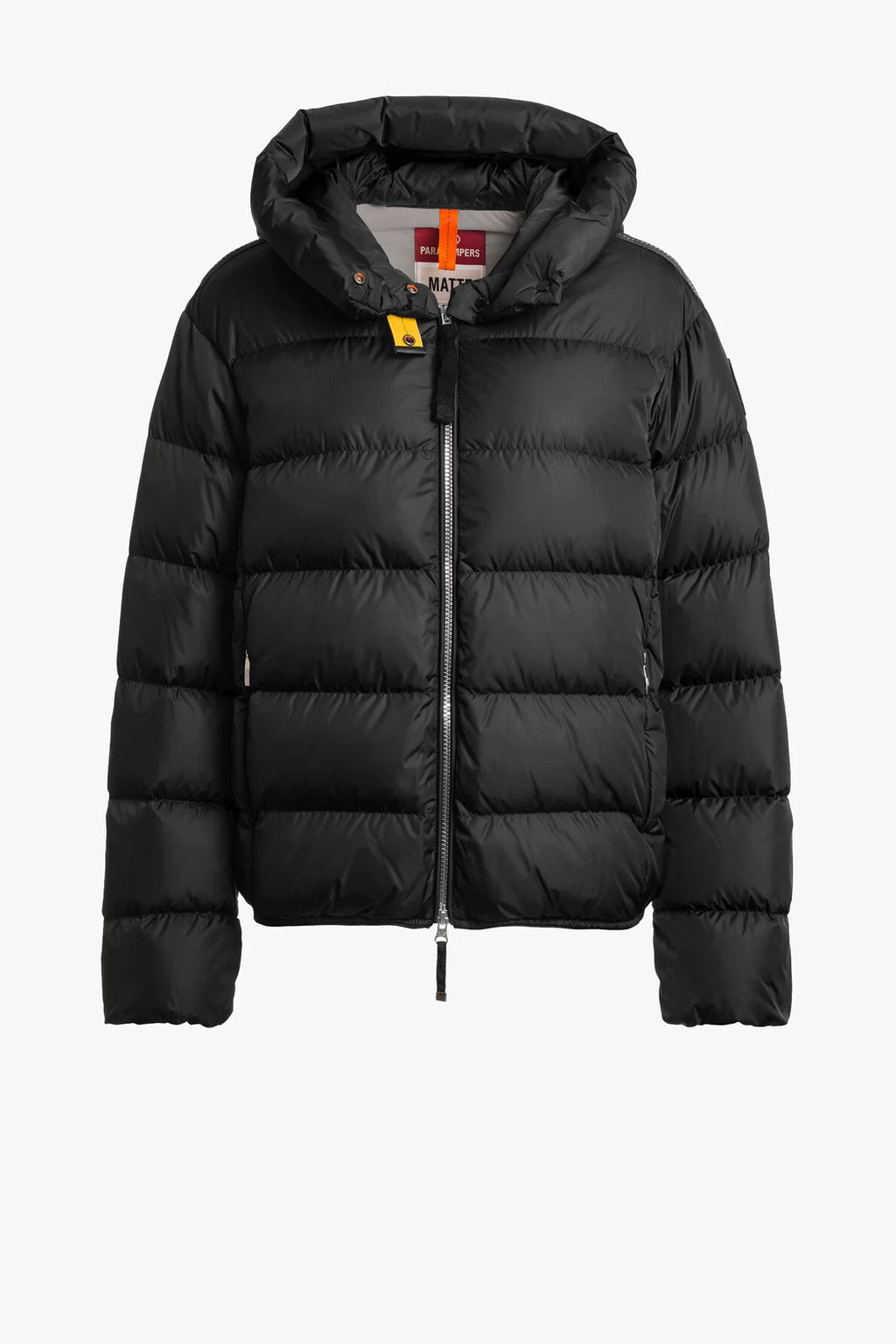 A women's Parajumpers Jinny Black Hooded Jacket with a front zipper closure and the brand's label visible on the inside of the collar.