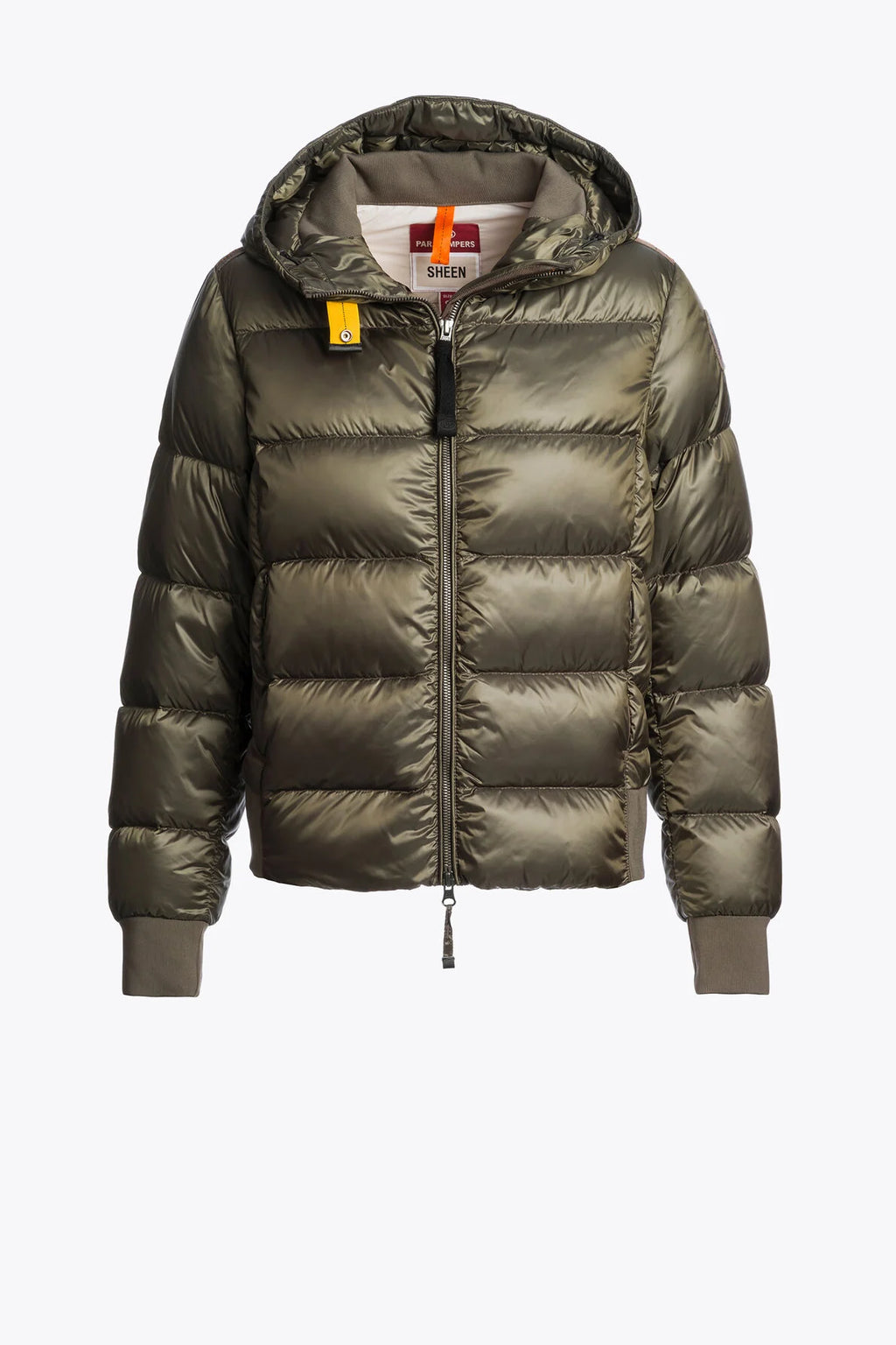 Green puffer jacket with a brand logo on a white background