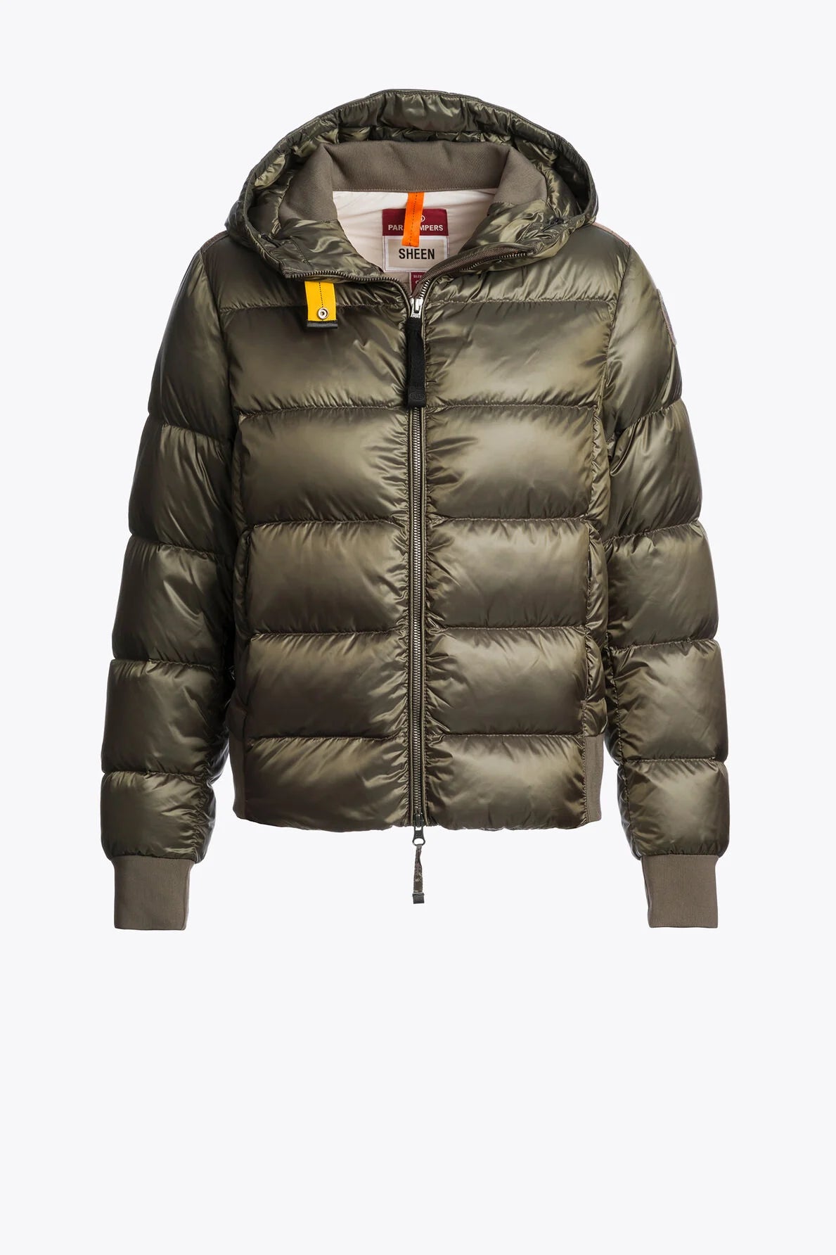 Green puffer jacket with a brand logo on a white background