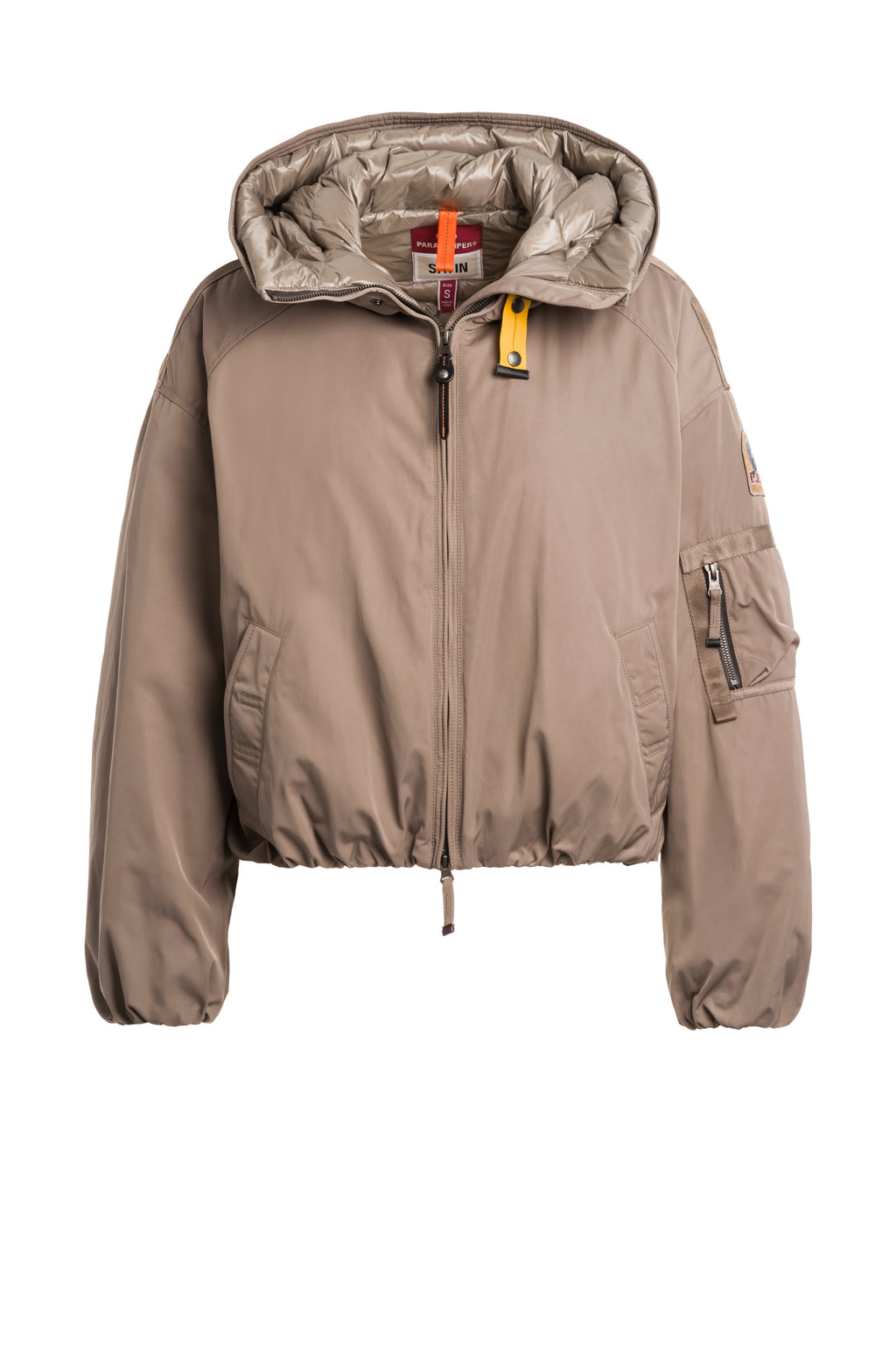 A beige Parajumpers hooded bomber jacket with a detachable yellow tape and adjustable hood.