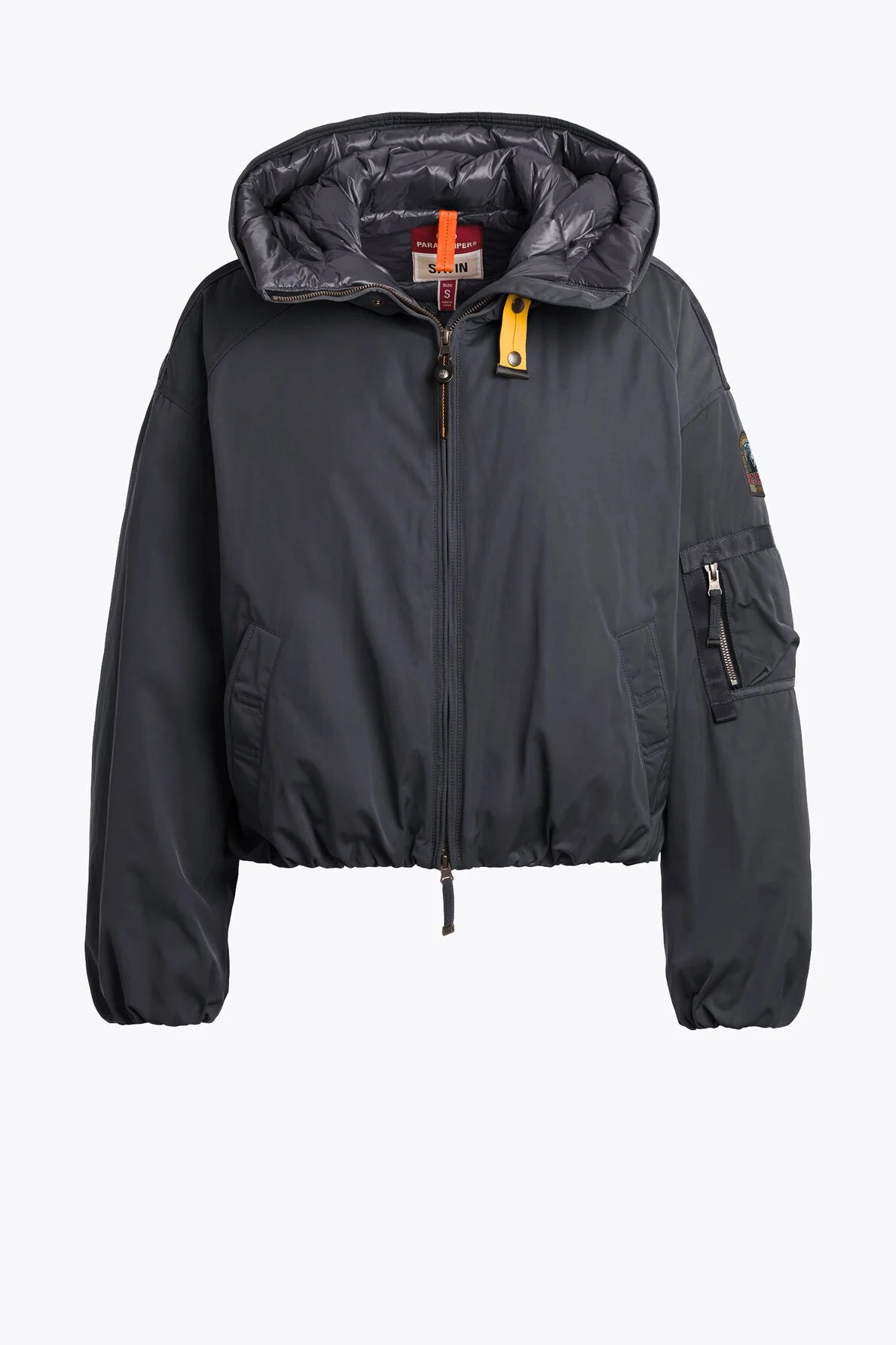 Women's Parajumpers Naadz Hooded Bomber Jacket in black color with a high collar, long sleeves, and front pockets.