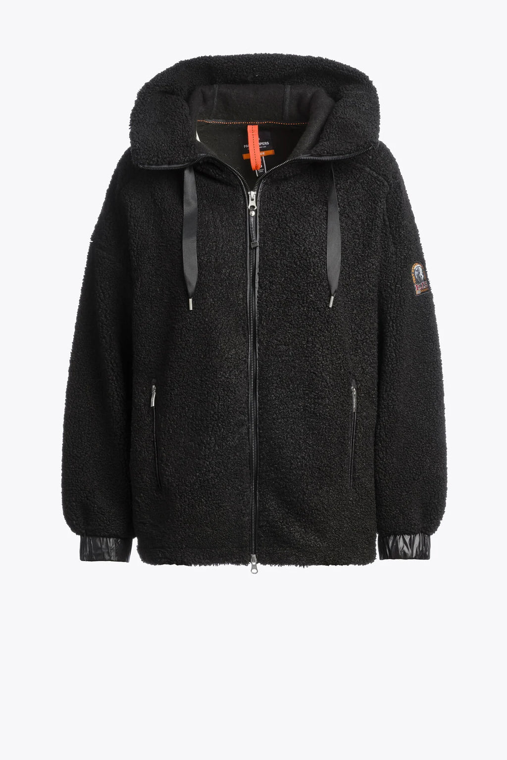 Black fleece jacket with a hood on a white background
