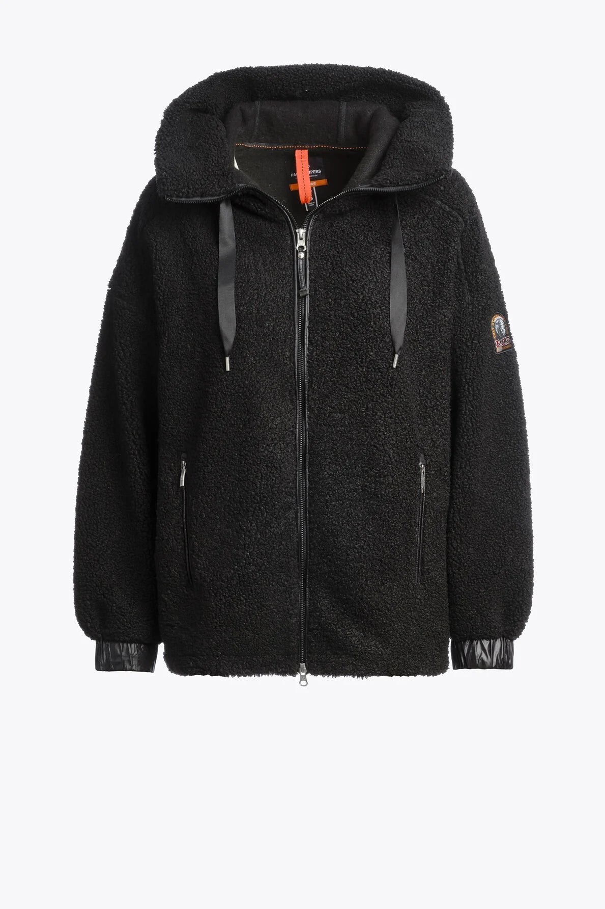 Black fleece jacket with a hood on a white background