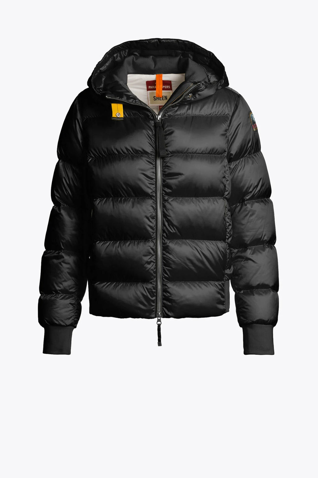 Black womens Parajumper puffer jacket with brand logo on a white background