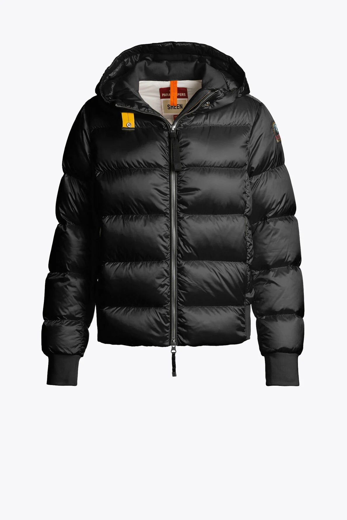 Black womens Parajumper puffer jacket with brand logo on a white background