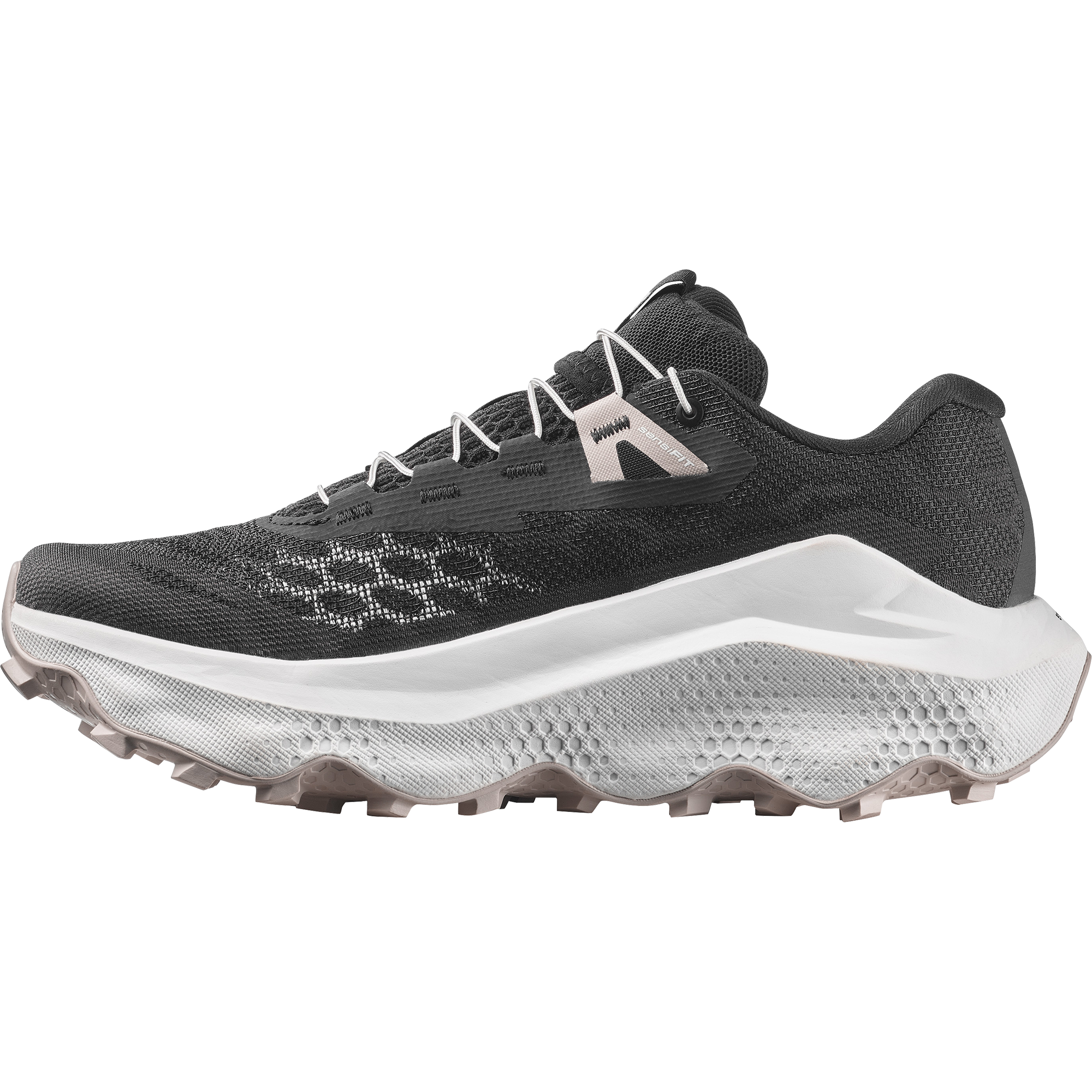 Black and white running shoe on a white background
