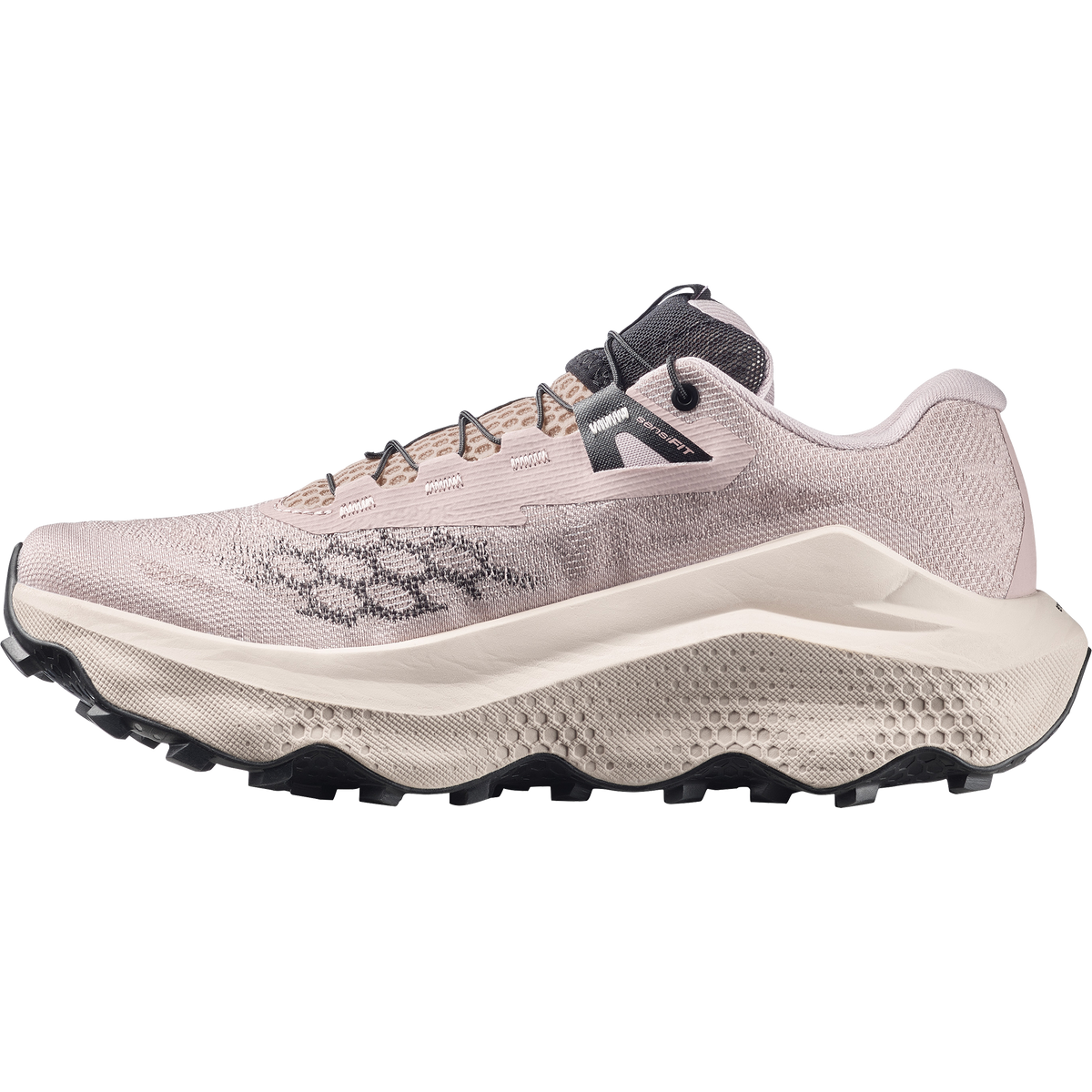 Gray running shoe with black sole on a white background
