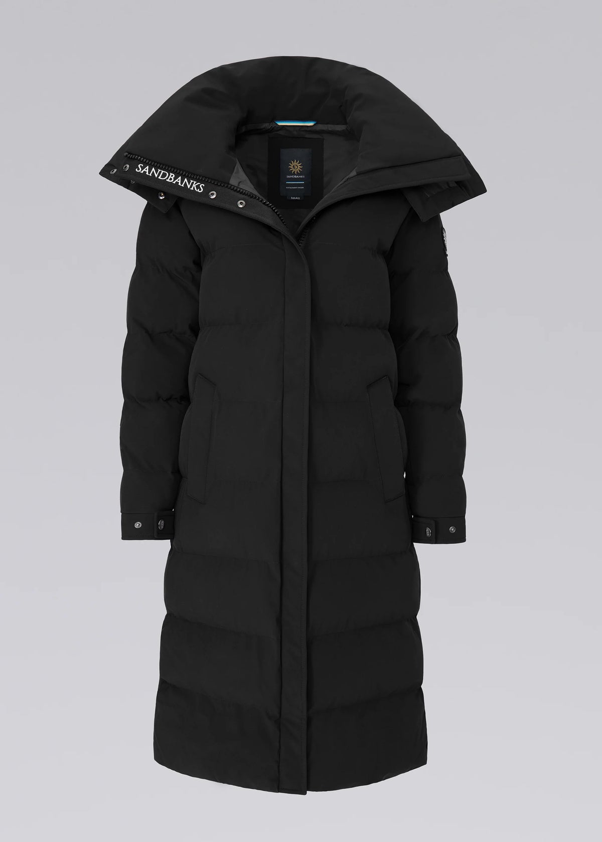 Black puffer coat with brand logo on a light gray background