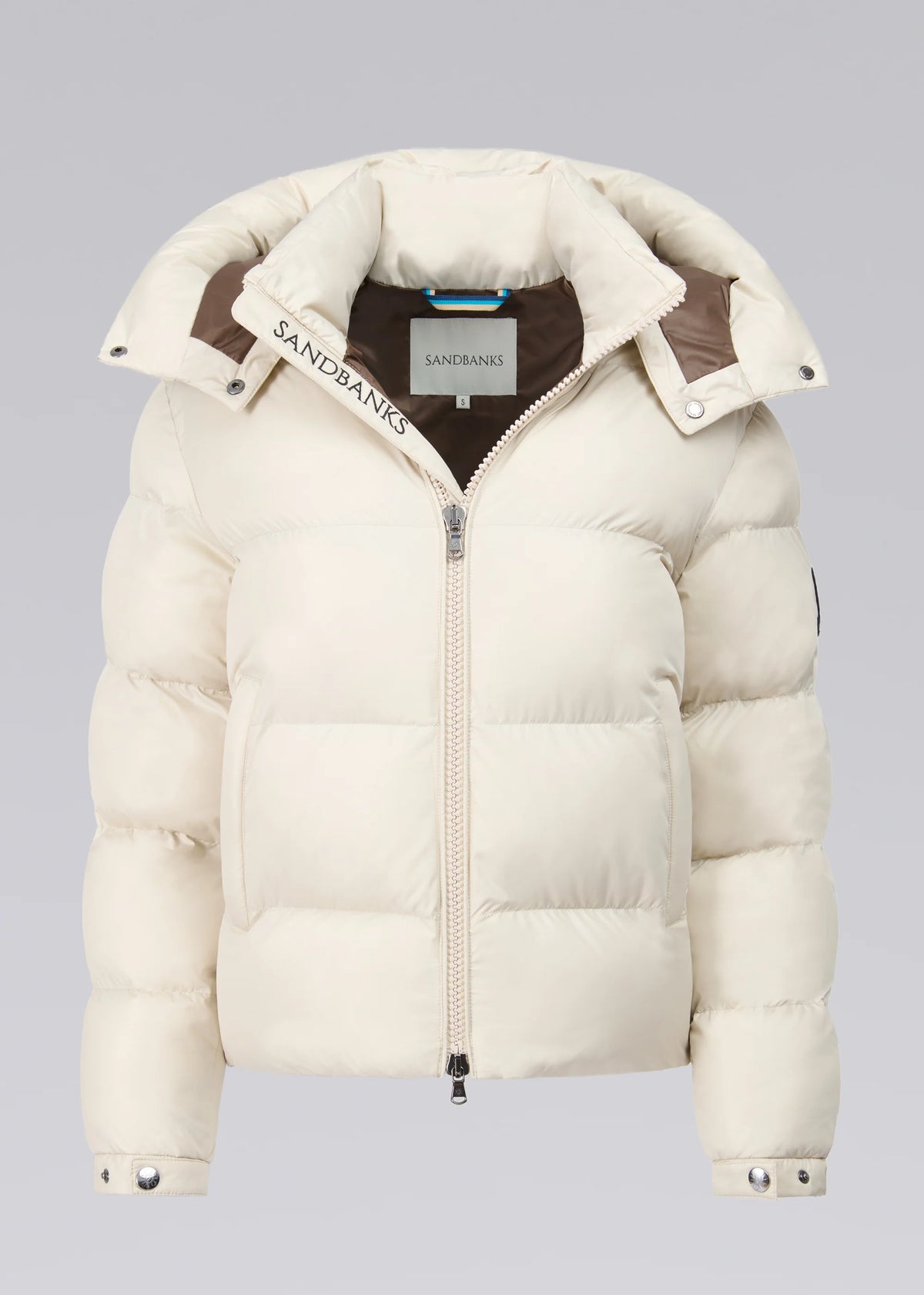White puffer jacket with brand logo on a gray background