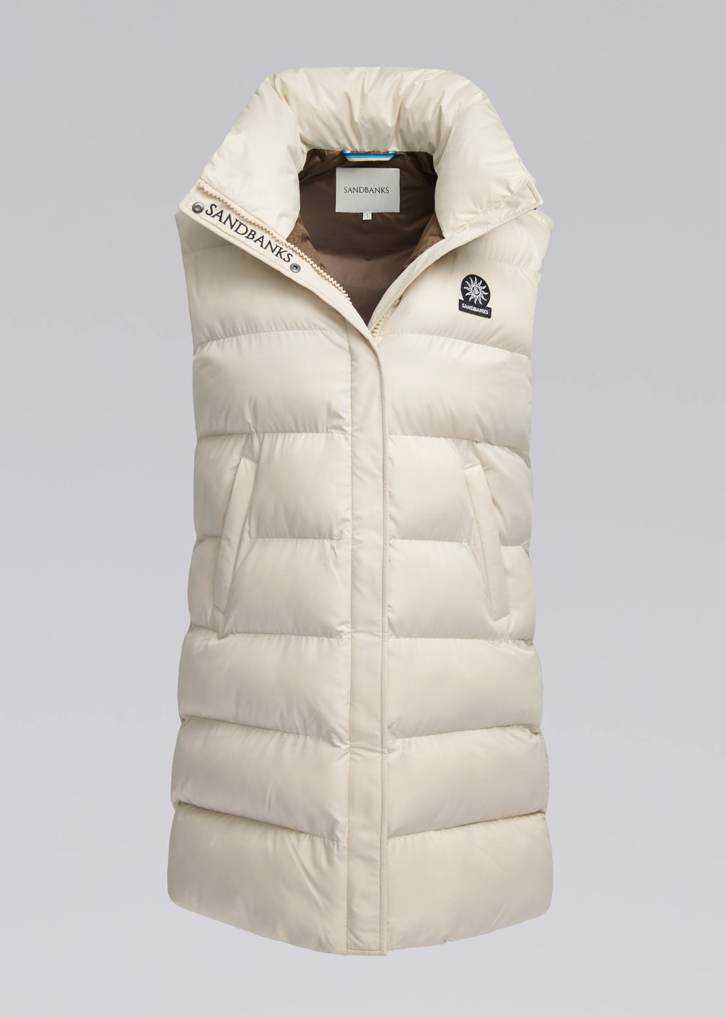 Beige puffer vest with brand logo on a light gray background