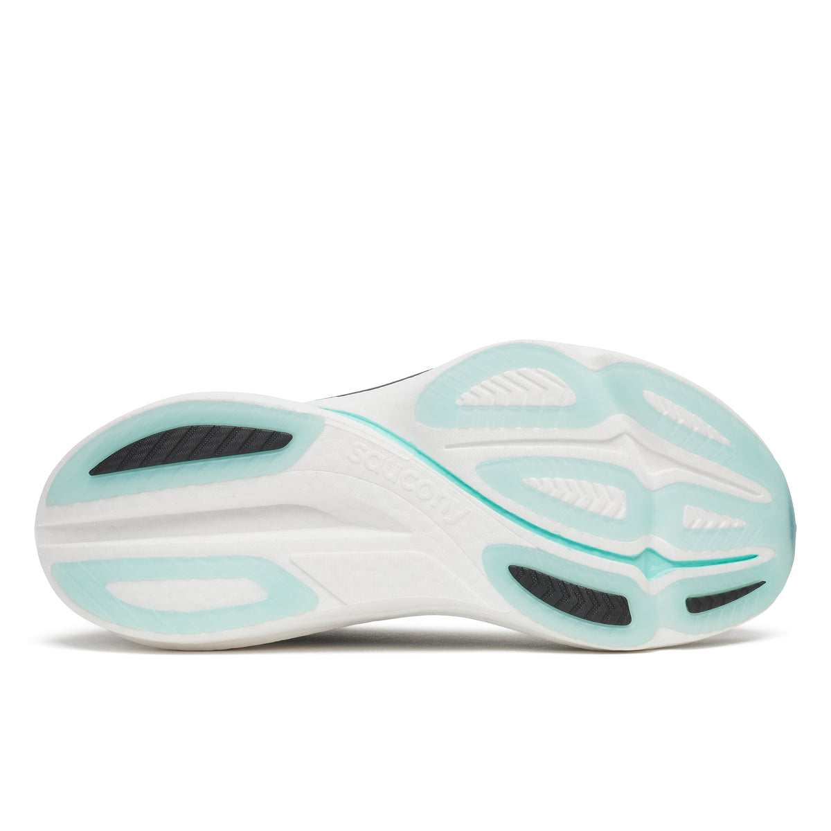 Sole of a running shoe with a white and light blue design on a white background