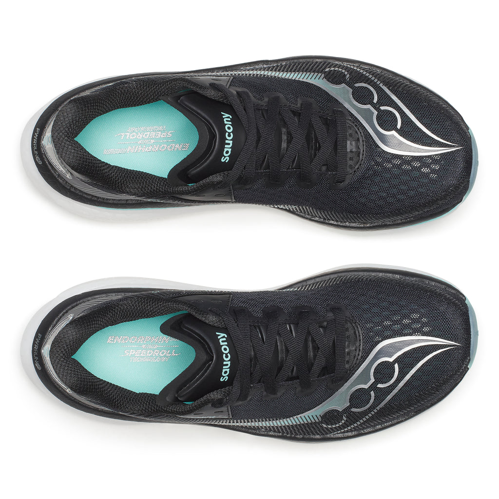 Black running shoes with teal insole on a white background