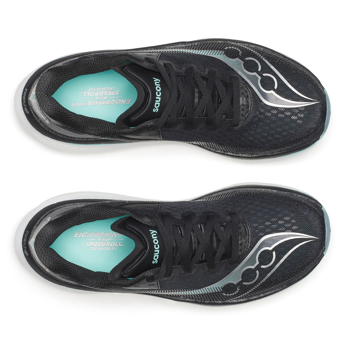 Black running shoes with teal insole on a white background