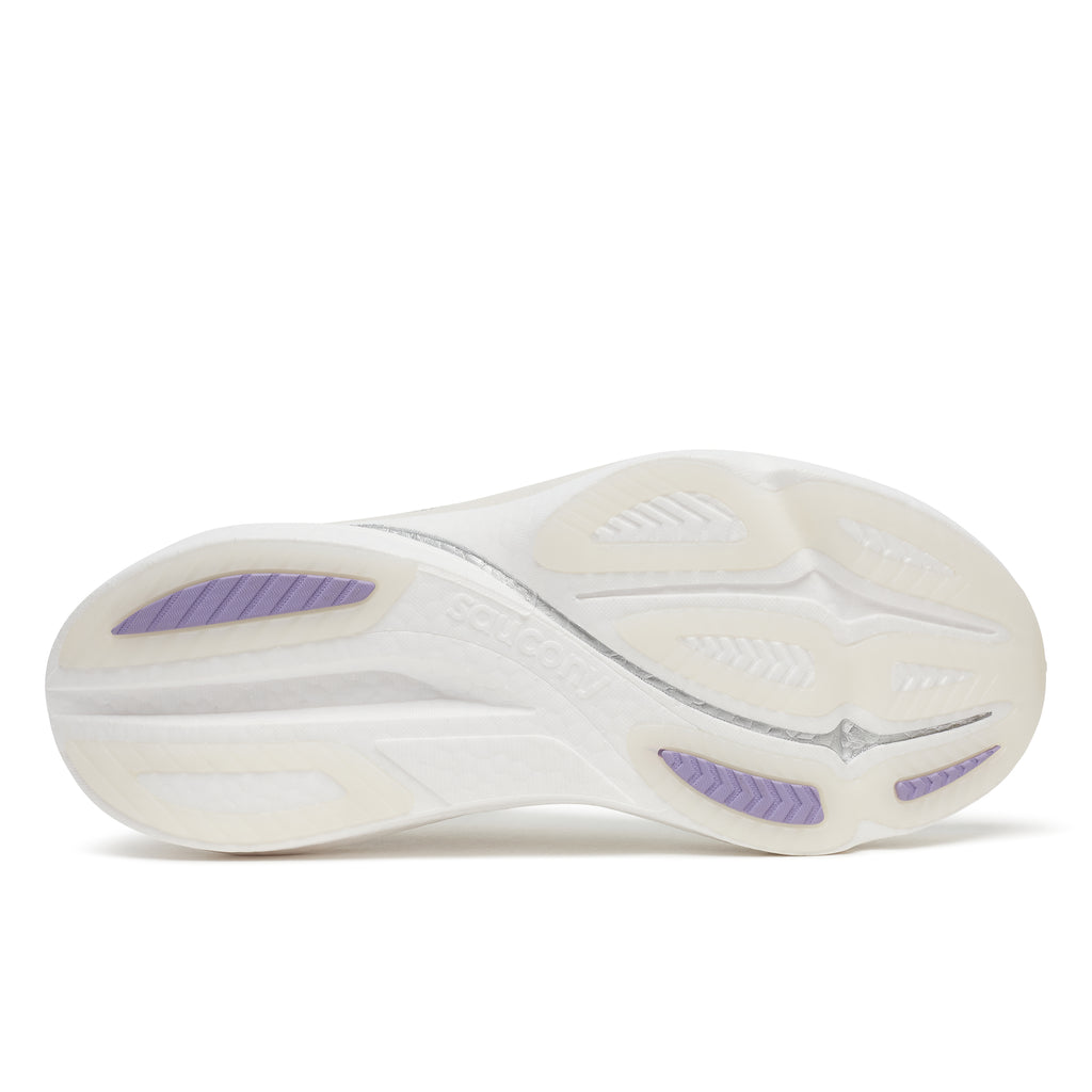 White athletic shoe with purple accents on a white background