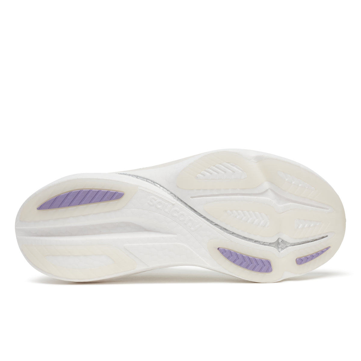 White athletic shoe with purple accents on a white background