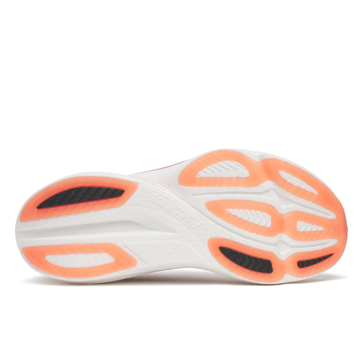 Close-up of a running shoe sole with orange and black pattern on a white background