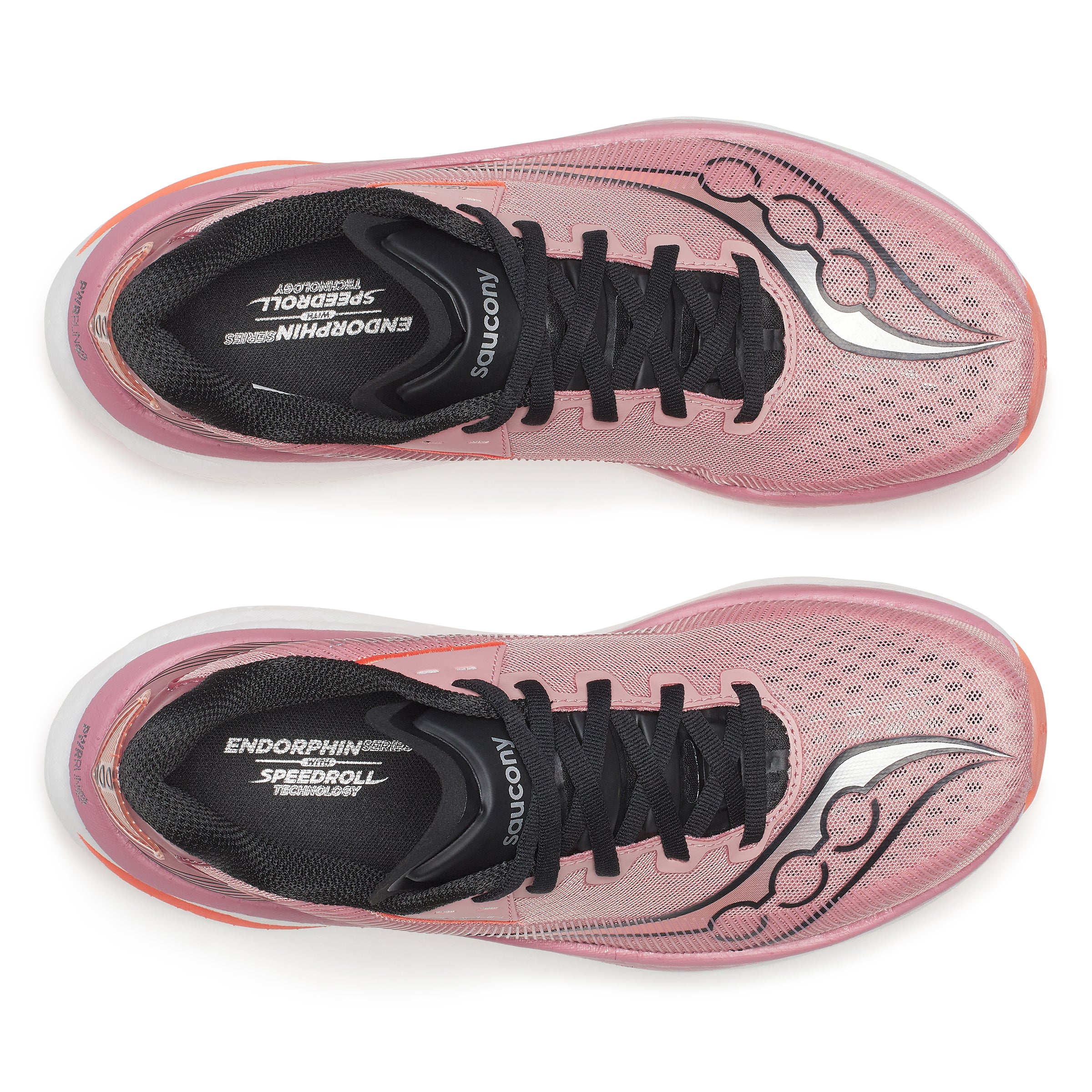 Pink running shoes with black soles on a white background