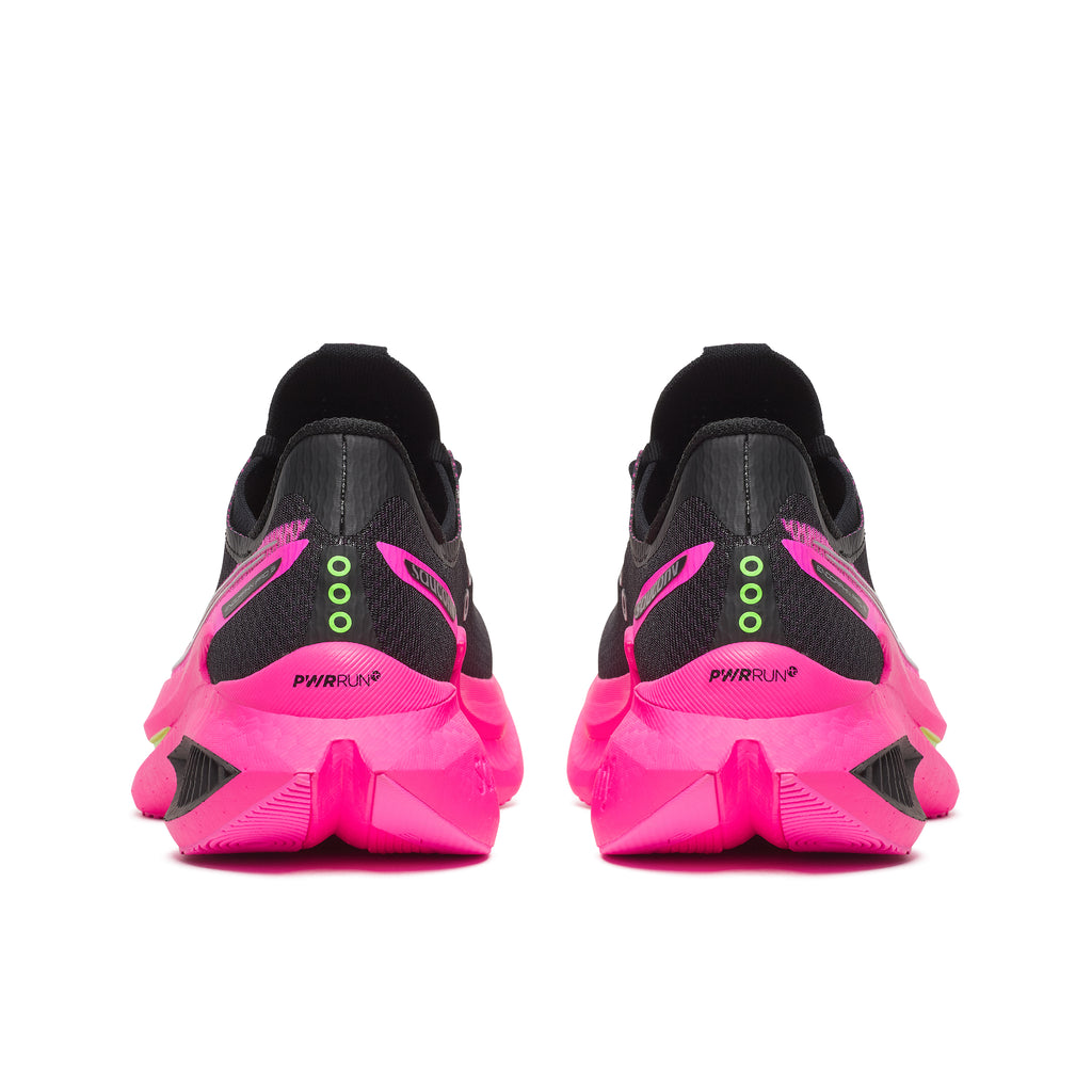 Black and pink running shoes with 'PWRUN' branding on a white background