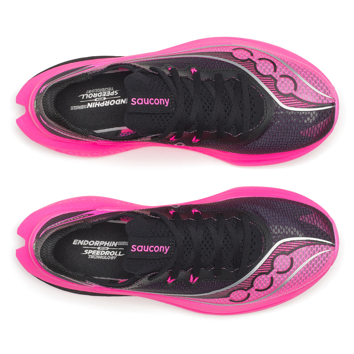 Pink and black athletic shoes with 'Saucony' branding on a white background