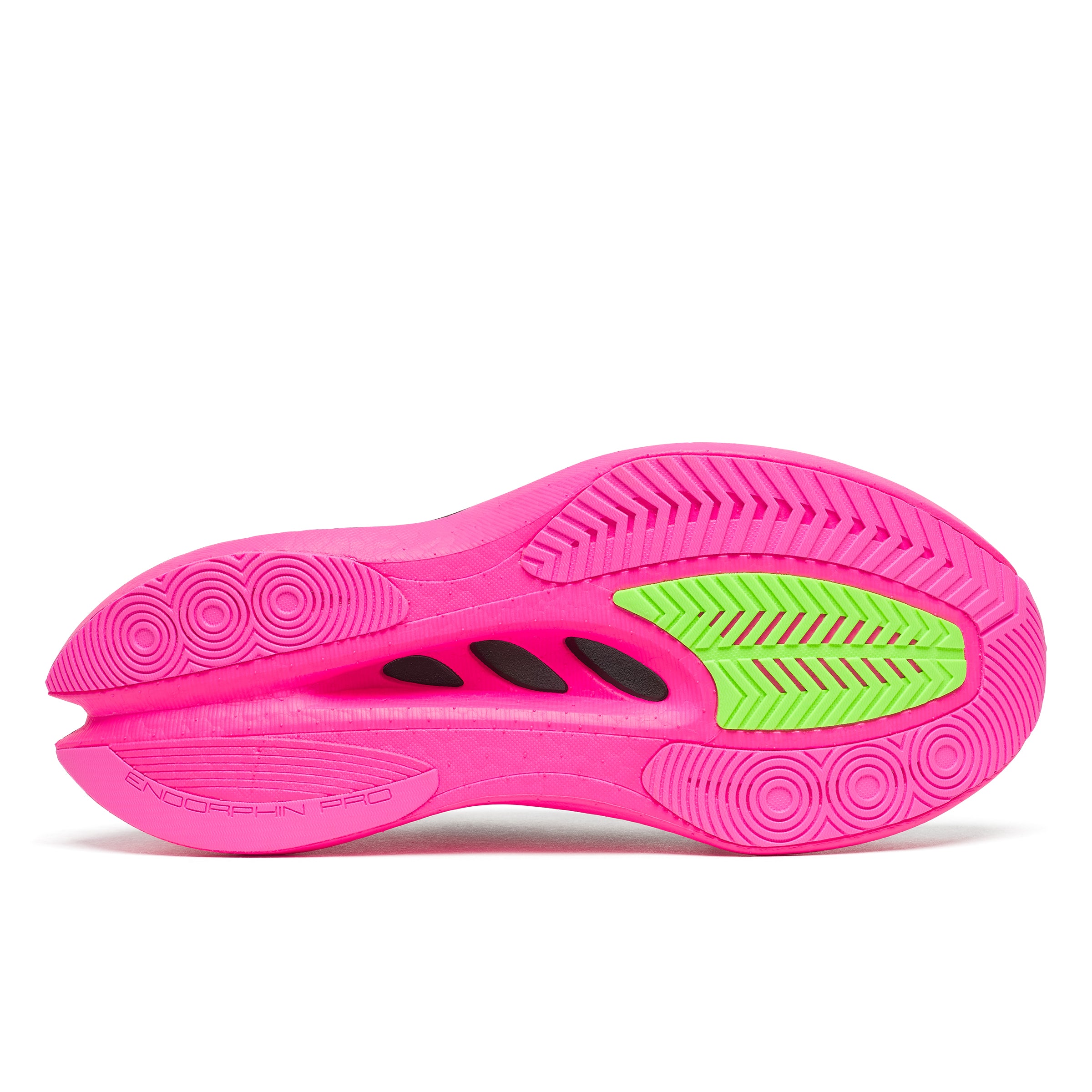 Pink athletic shoe with green sole on a white background