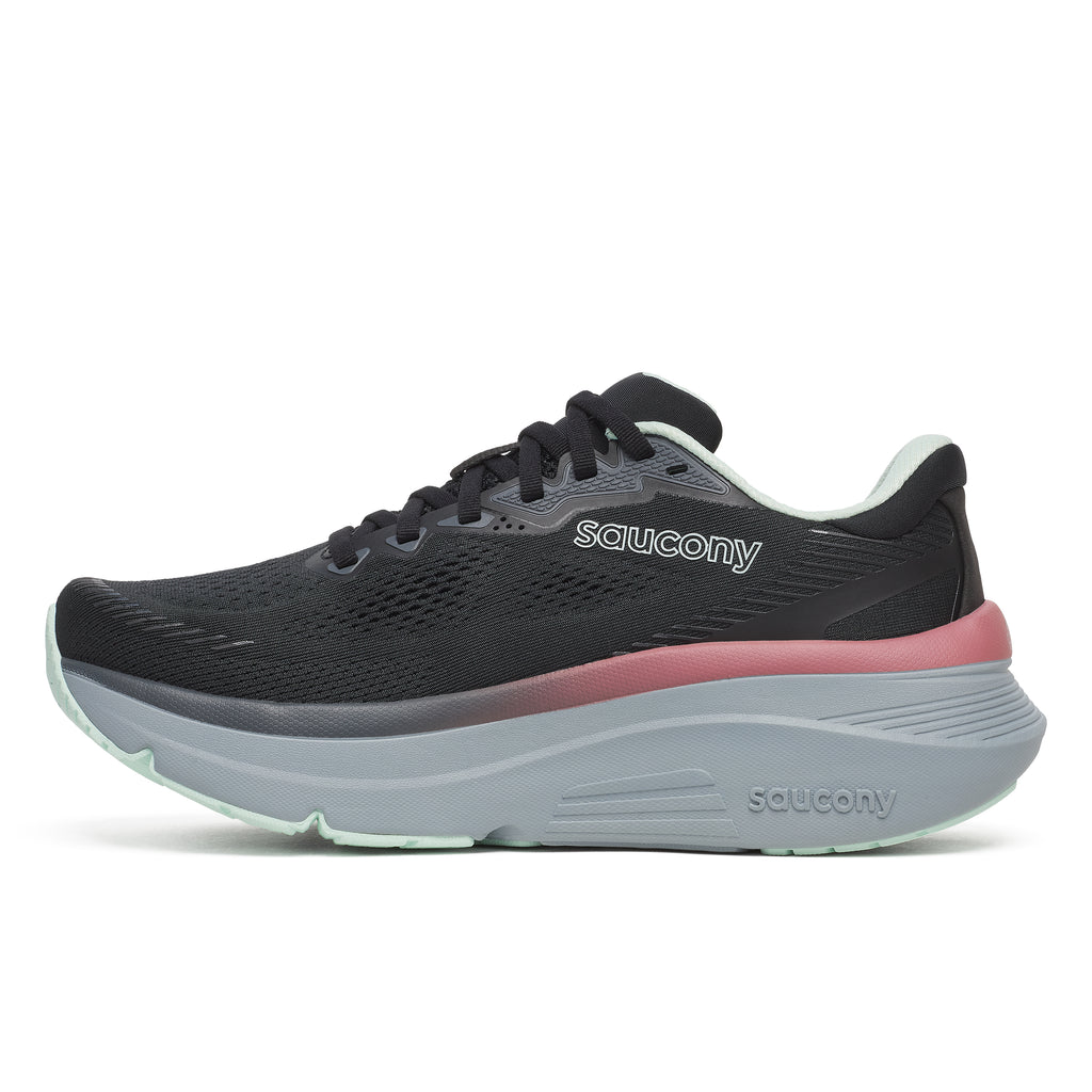 Black running shoe with white stripes on a white background
