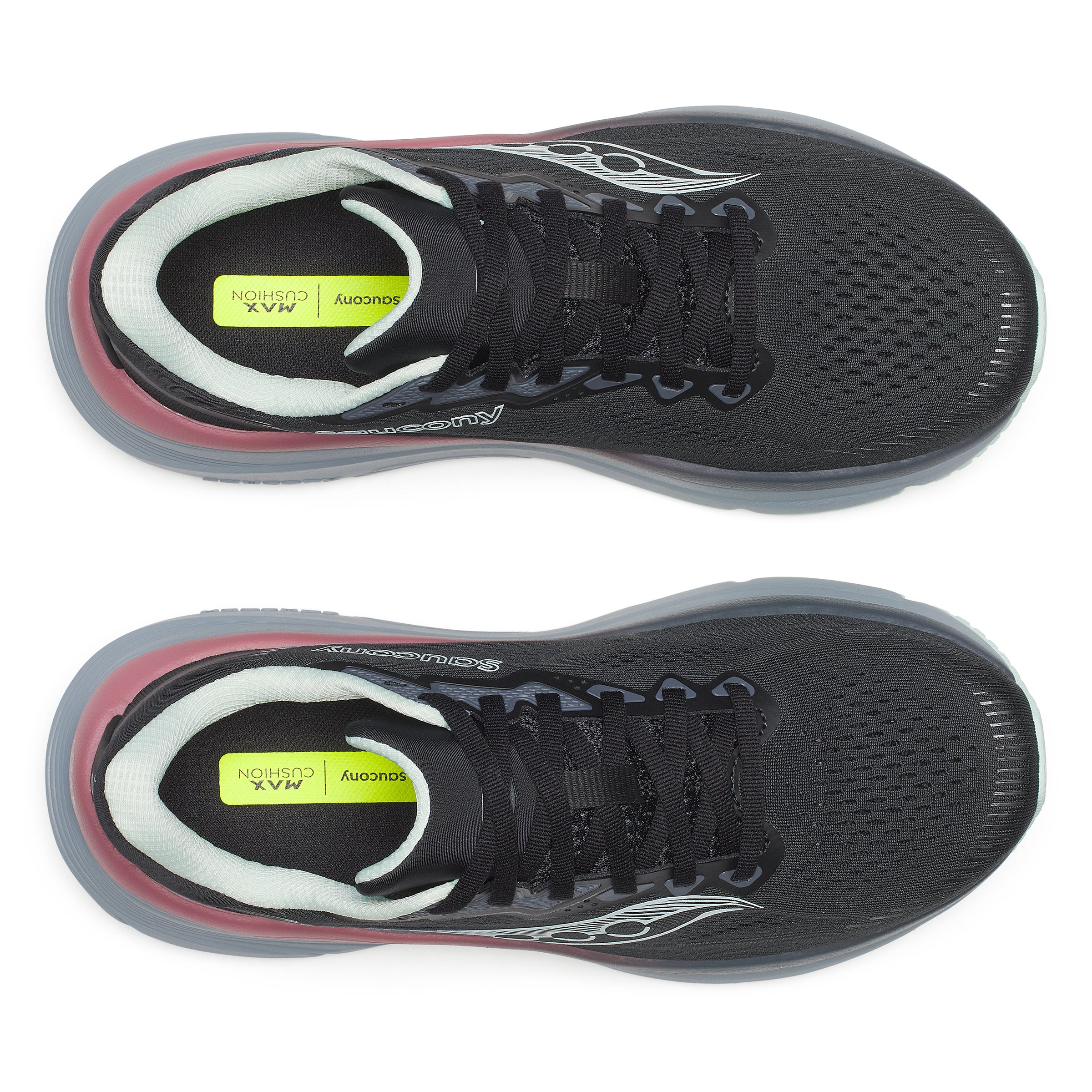 Black running shoes with red accents on a white background