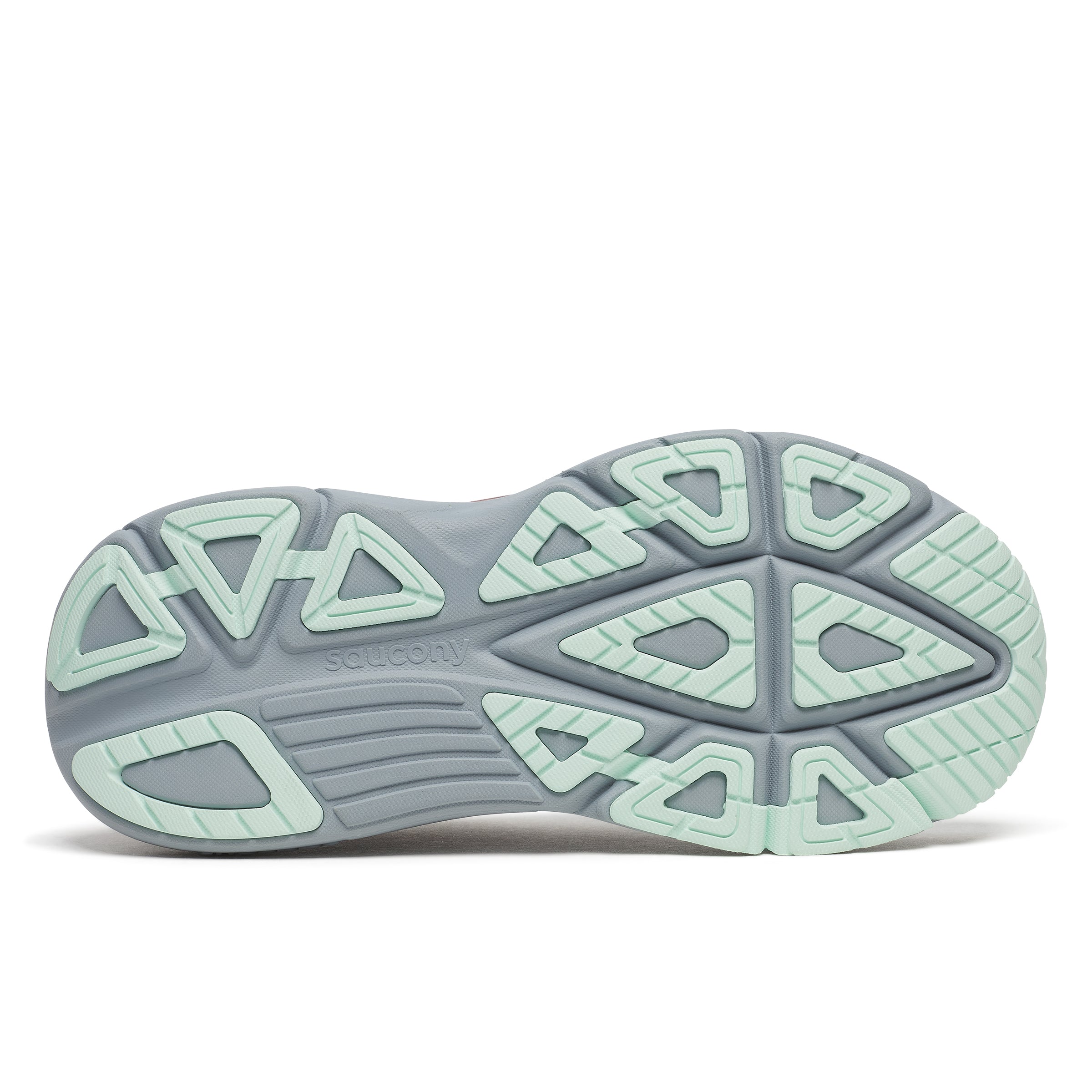 Close-up of a shoe sole with a geometric tread pattern on a white background