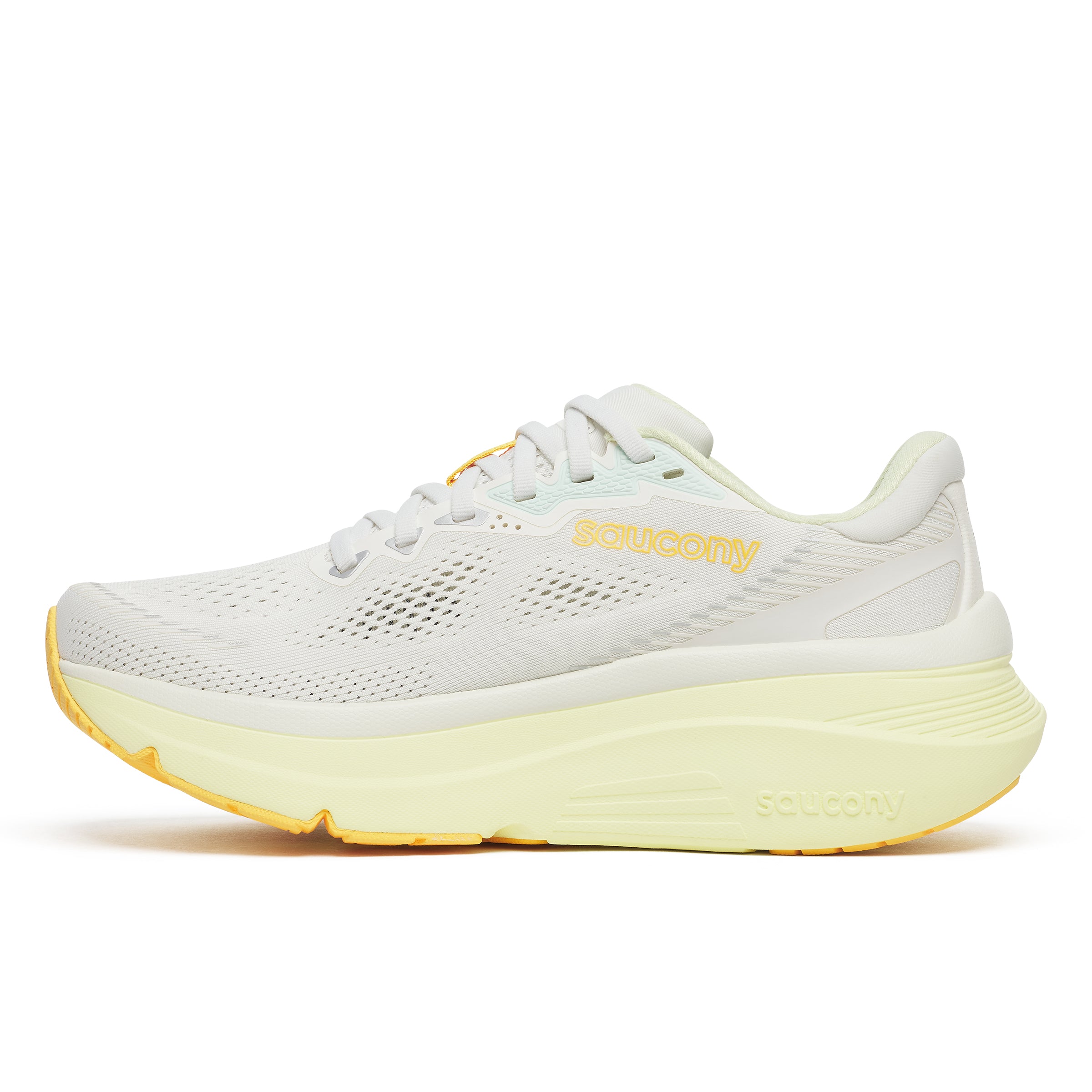 White running shoe with yellow sole on a white background