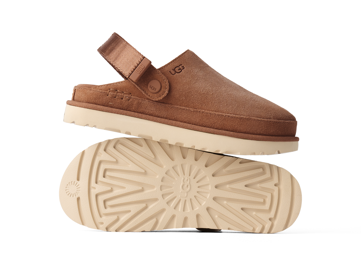 Brown suede UGG CLOG with white sole on a white background
