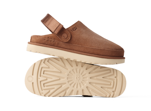 Brown suede UGG CLOG with white sole on a white background