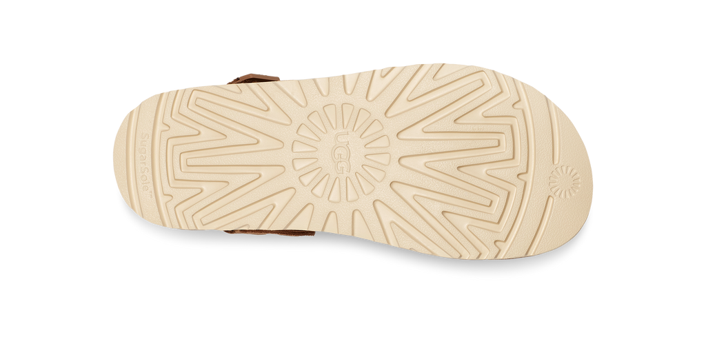 Close-up of a sandal sole with textured pattern on a white background