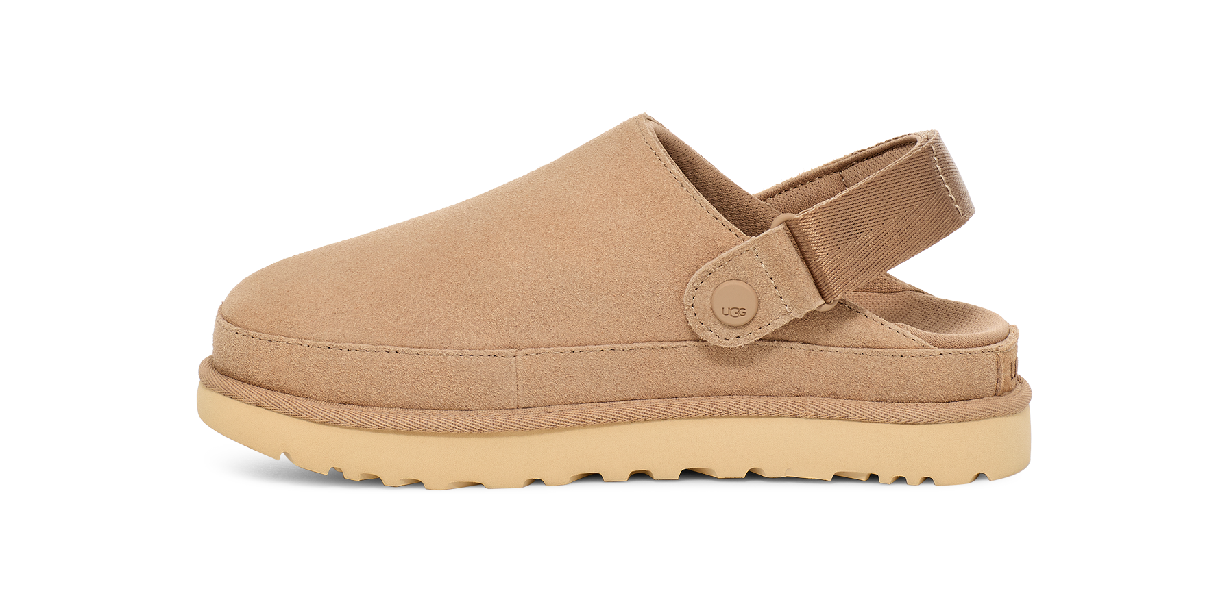 Tan clog shoe with a strap on a white background