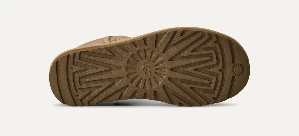Brown sole of a shoe with a textured pattern on a white background