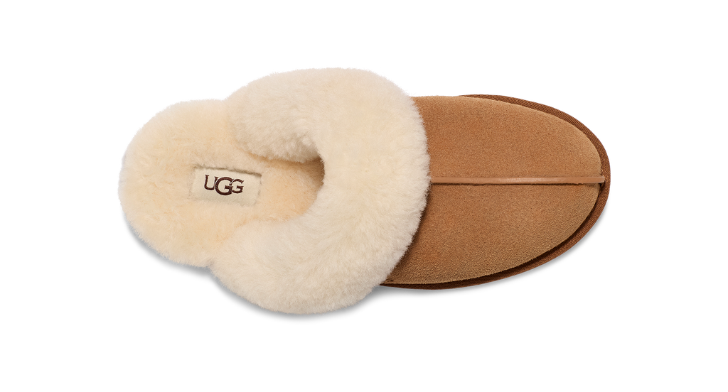 Pair of UGG slippers with beige fur lining on a white background