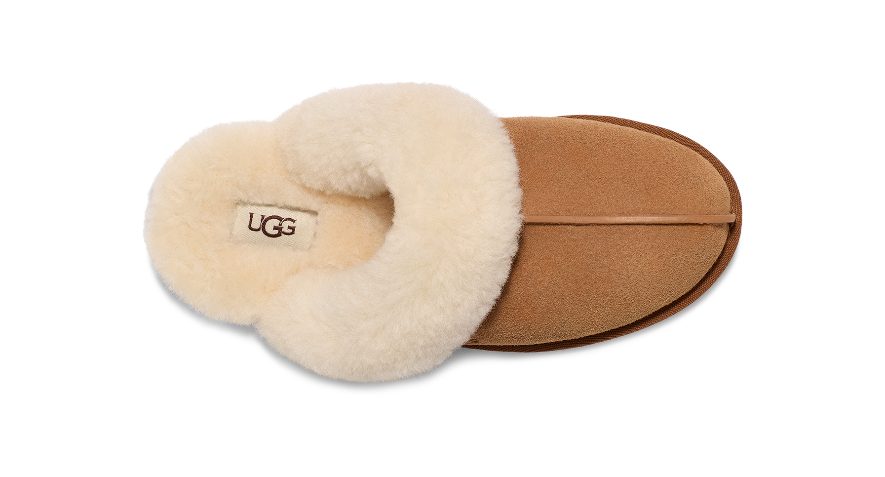 Pair of UGG slippers with beige fur lining on a white background